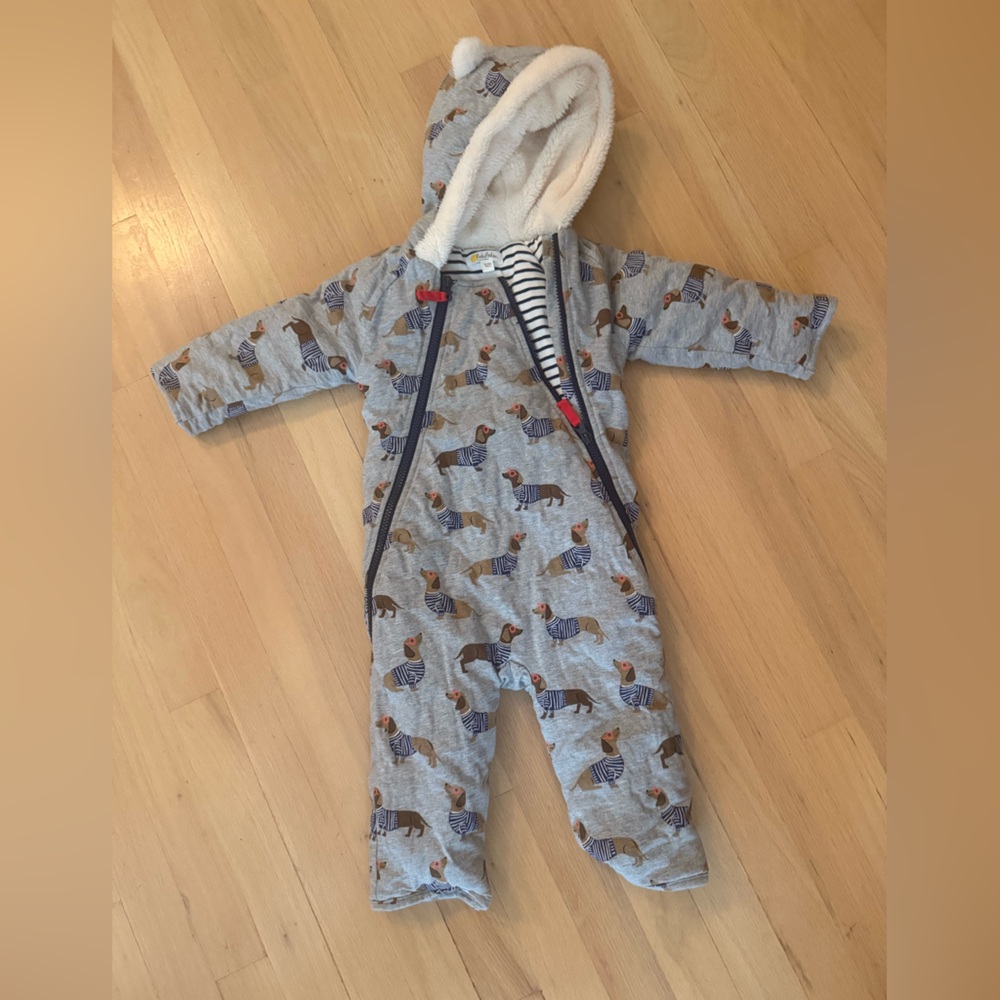 Baby Boden Gray One Piece Snowsuit with Dog Design
